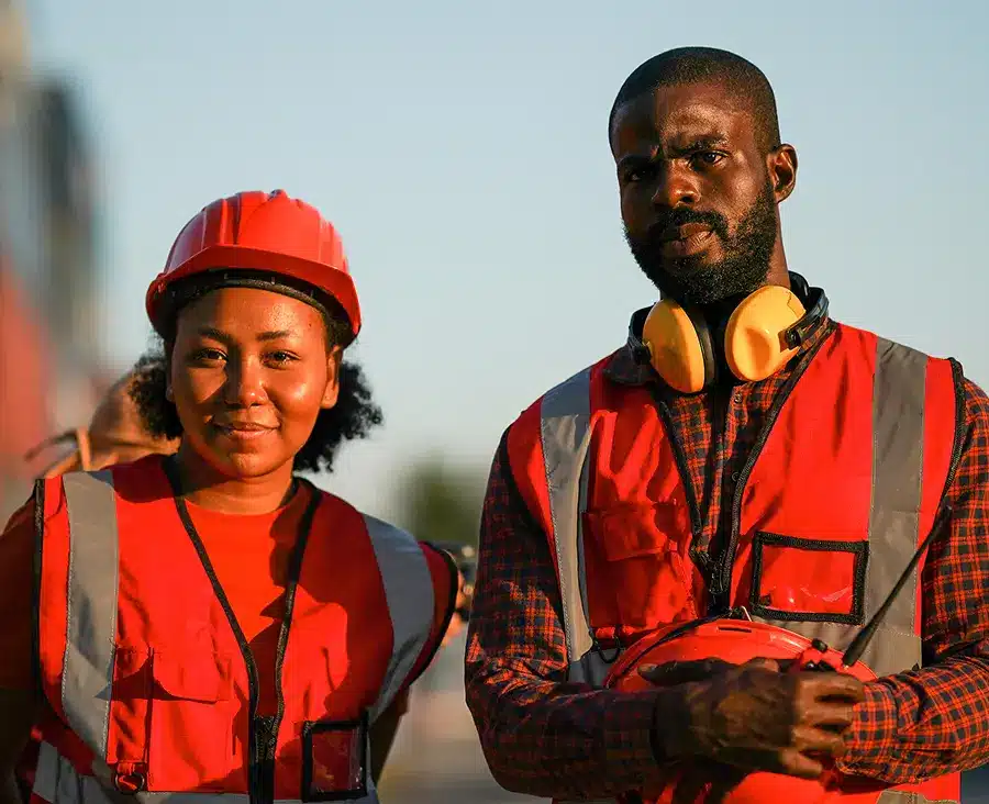 A man and a woman wearing red vests stand together, smiling in a friendly outdoor setting.